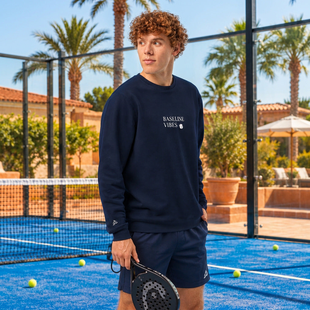Mann auf dem Weg zum Padel Tennis Training im adel Tennis Outfit. Ideal zu kaufen. Padel Tennis Pullover für Trainer und Spieler.